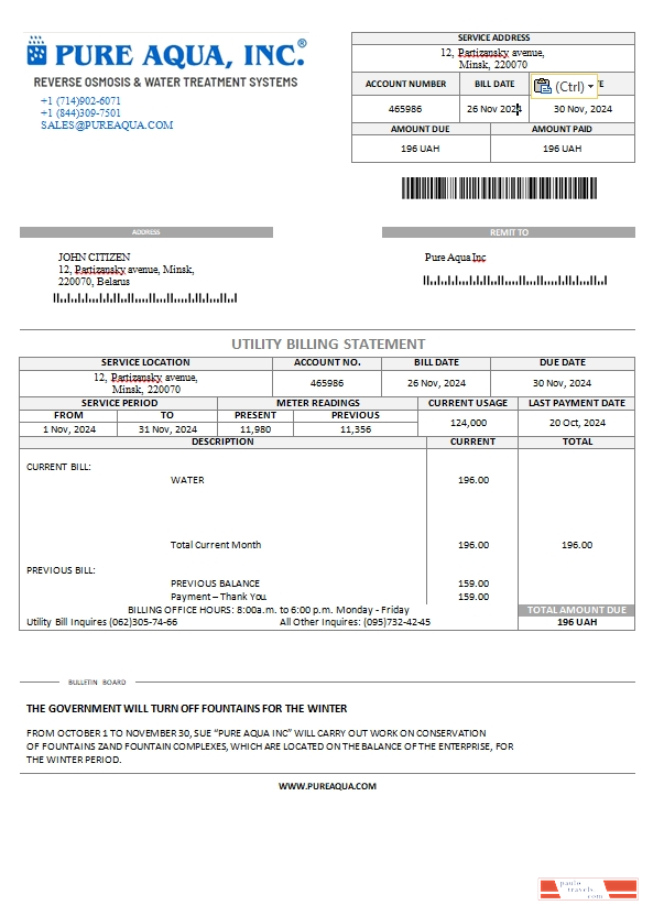 Belarus Pure Aqua inc. utility bill